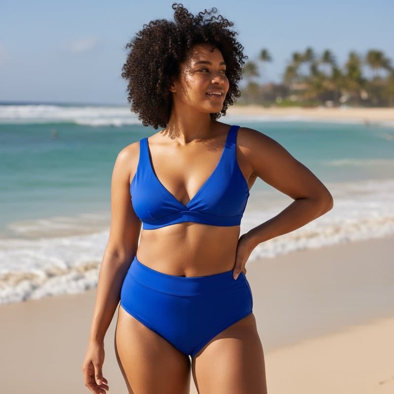 Conjunto de bikini en un elegante tono azul, con un top de escote pronunciado y una braguita de c...