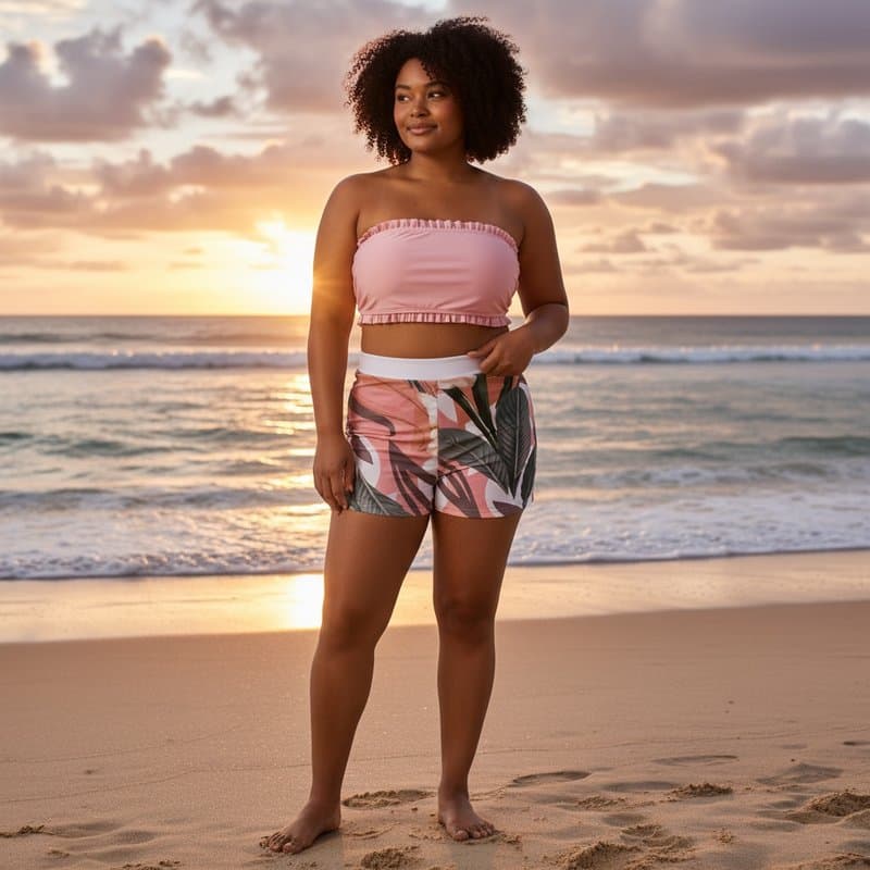 Elegante bikini con un top anudado en color rosa y una braguita corta con un llamativo estampado ...