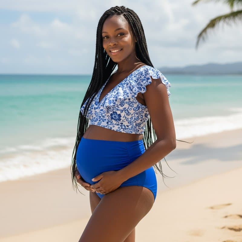 Elegante conjunto de bikini con un top de volantes y braguita alta en azul intenso, con un hermos...