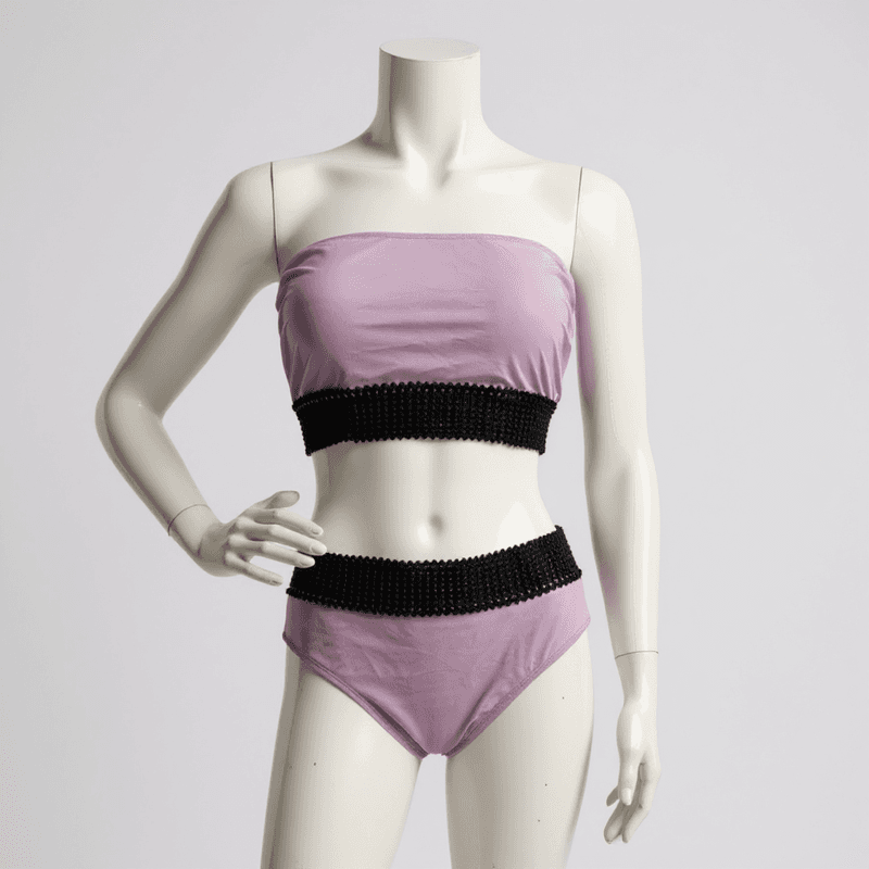 Elegante bikini de dos piezas en tono rosa, con un top bandeau y braguitas con detalles de crochet n...