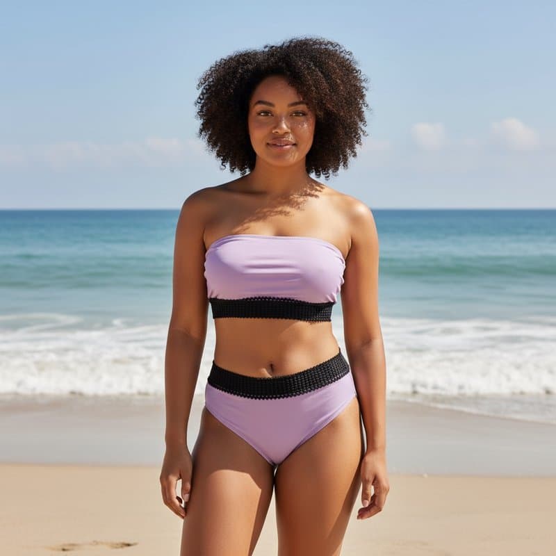 Elegante bikini de dos piezas en tono rosa, con un top bandeau y braguitas con detalles de crochet n...