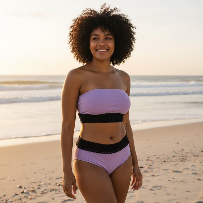 Elegante bikini de dos piezas en tono rosa, con un top bandeau y braguitas con detalles de croche...