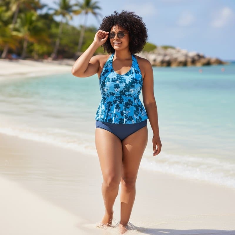Bikini de dos piezas con un top de corte peplum y un estampado floral en tonos azules y verdes