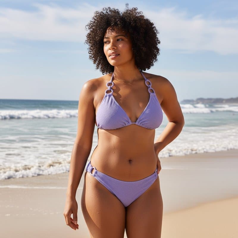 Elegante bikini de dos piezas en tono violeta, con top de estilo halter y braguita de corte clásico