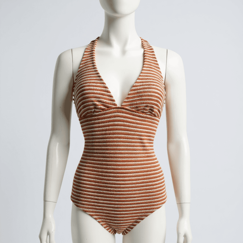 Traje de baño de una pieza con un llamativo estampado de rayas naranjas y blancas. El escote pronunc...