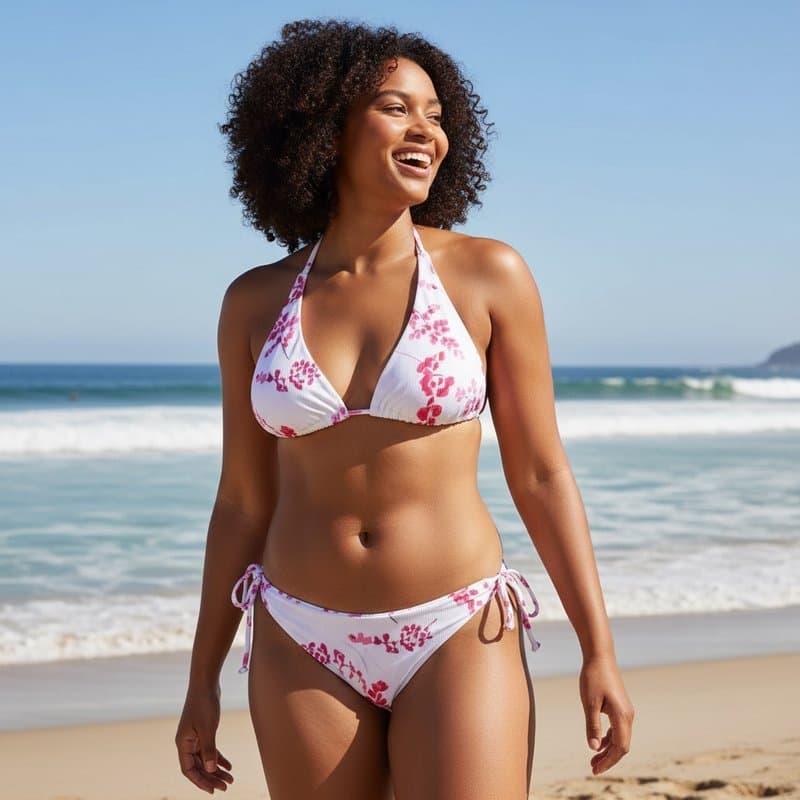 Bikini de dos piezas con un sutil estampado floral, diseño de top halter y braguitas de corte clá...