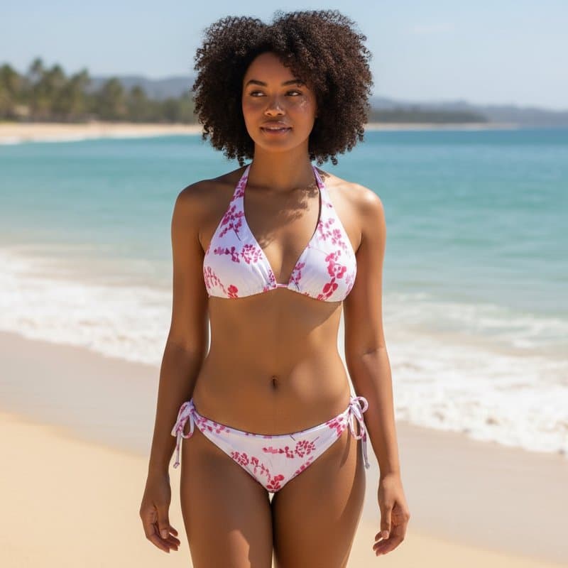 Bikini de dos piezas con un sutil estampado floral, diseño de top halter y braguitas de corte clá...