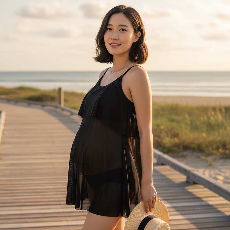 Elegante vestido de playa en color negro, con un diseño de dos capas y tirantes ajustables