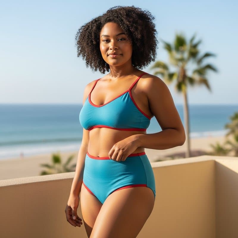 Elegante conjunto de bikini de dos piezas en colores azul turquesa y rojo, con un top de tirantes...