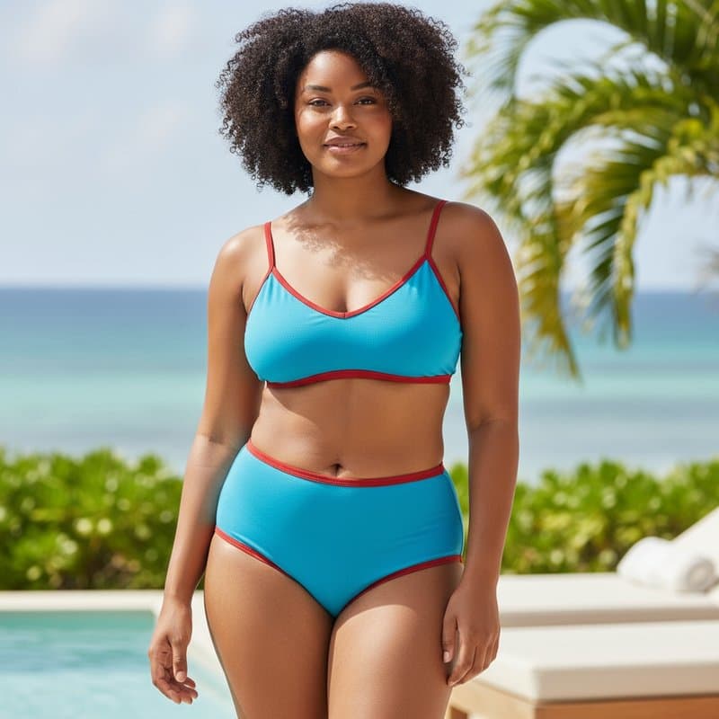 Elegante conjunto de bikini de dos piezas en colores azul turquesa y rojo, con un top de tirantes...