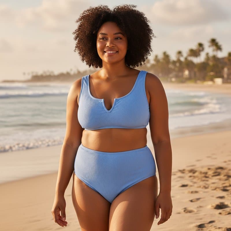 Este conjunto de bikini de dos piezas en tonos azules exhibe un diseño acanalado elegante y moderno