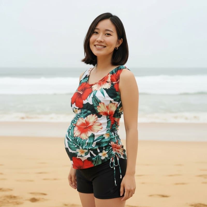 Conjunto de tankini estampado con motivos tropicales en tonos vibrantes, ideal para lucir un look...