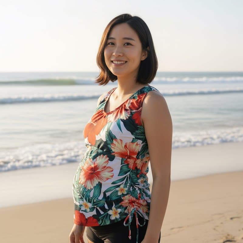 Conjunto de tankini estampado con motivos tropicales en tonos vibrantes, ideal para lucir un look...