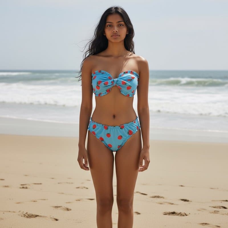 Bikini con estampado de fresas en tonos azul y rojo, con top de corte bandeau y braguitas de dise...