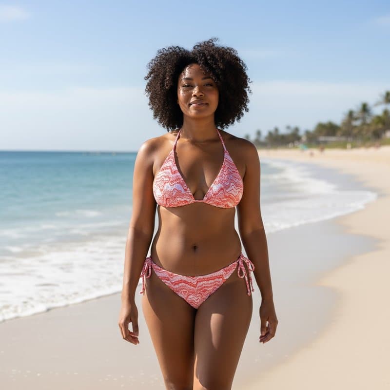 Bikini de dos piezas con un elegante diseño ondulado en rojo y blanco