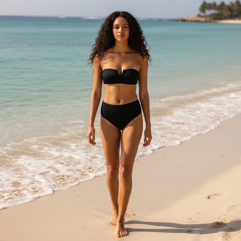 Bikini negro de dos piezas, con un top bandeau y braguita de corte clásico