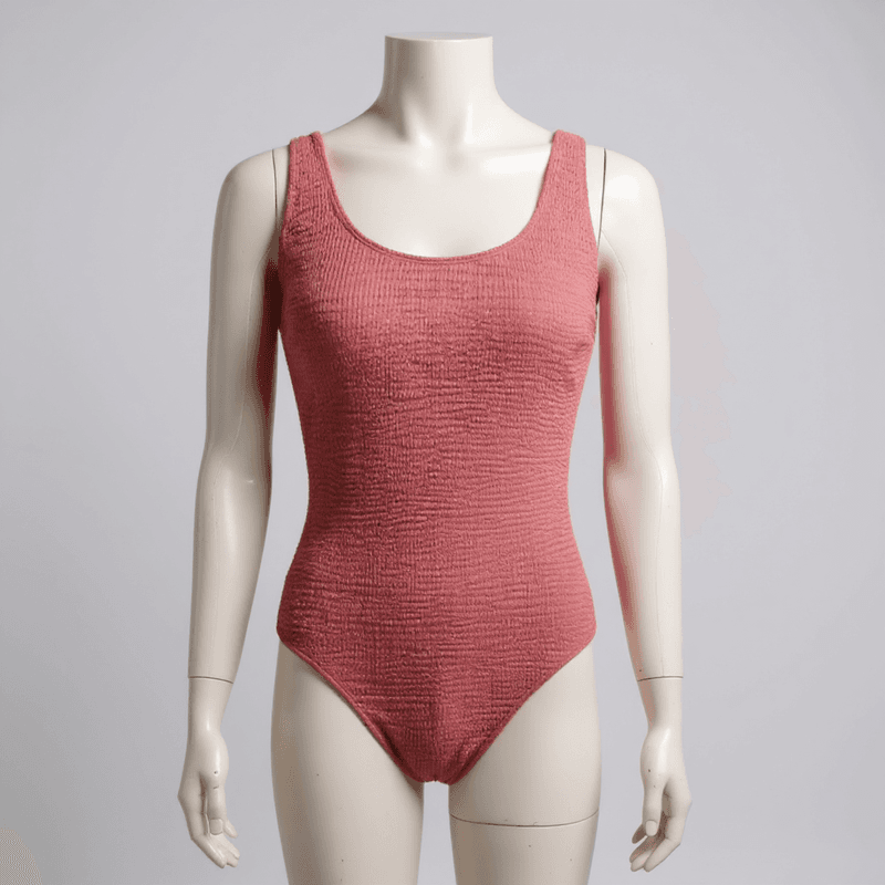 Elegante body de baño en un tono rosado intenso, confeccionado en un material elástico y suave qu...