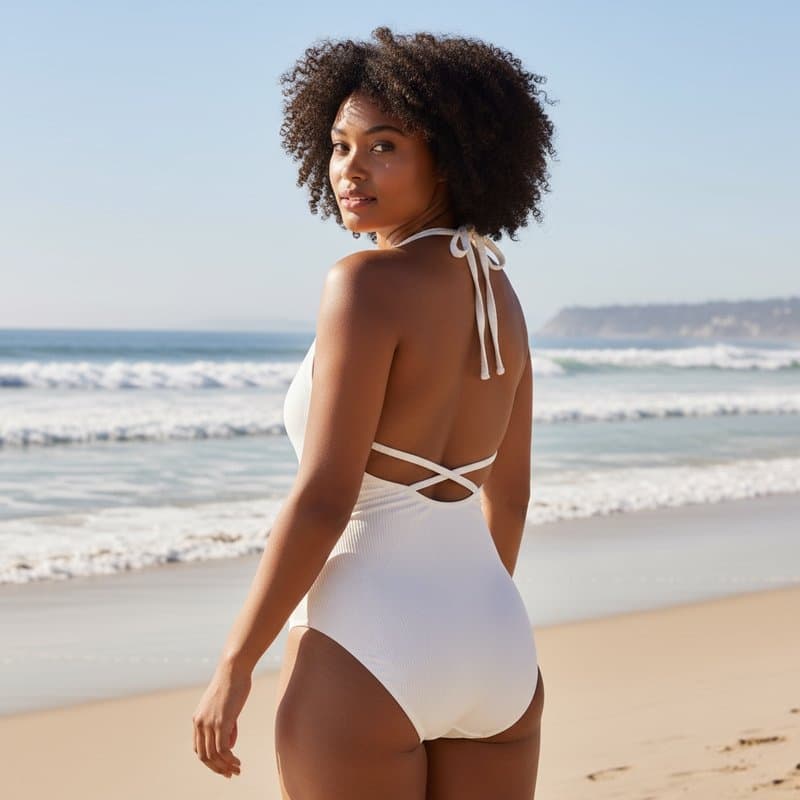 Elegante conjunto de bikini en color blanco con un top halter y braguita de corte clásico