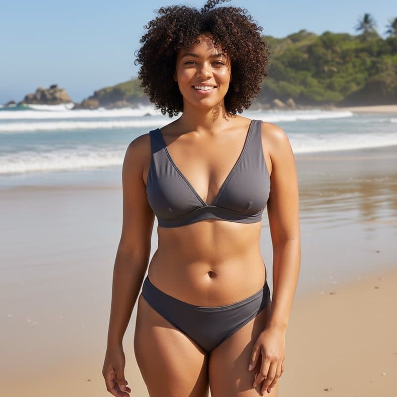 Elegante conjunto de bikini de dos piezas en un clásico color negro, con un sujetador de estilo d...