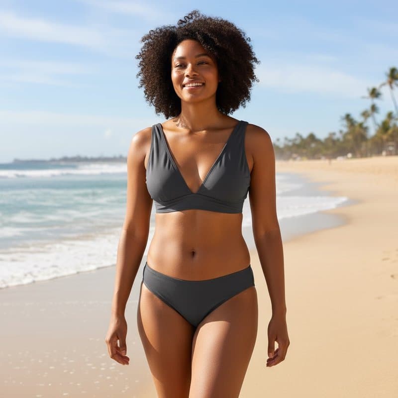 Elegante conjunto de bikini de dos piezas en un clásico color negro, con un sujetador de estilo d...