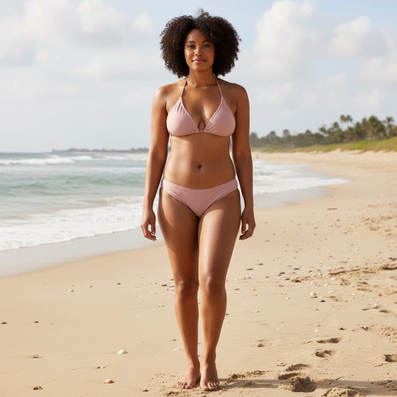 Elegante bikini de dos piezas en un suave tono rosa pálido, con un top de estilo triángulo y una ...